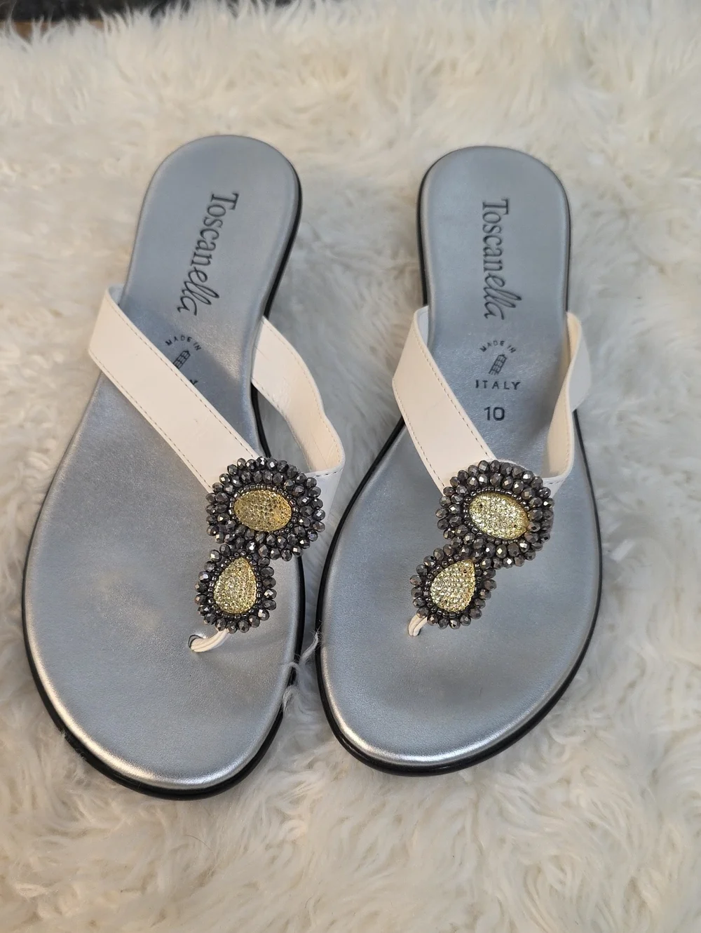 Toscanella White Jeweled Toe-Post Sandals with Silver Footbed